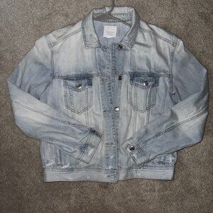American Eagle Distressed Denim Jacket with Patterned Knit Back | Size M
